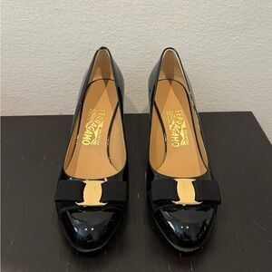 Salvatore Ferragamo Carla 55 Black Patent Leather Pumps
